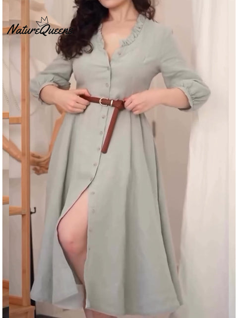 Women's Cotton and Linen Ruffle Collar A-Line Button Dress