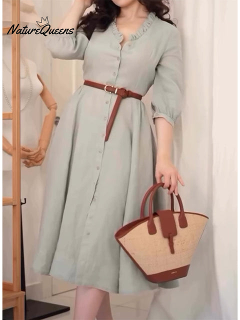 Women's Cotton and Linen Ruffle Collar A-Line Button Dress