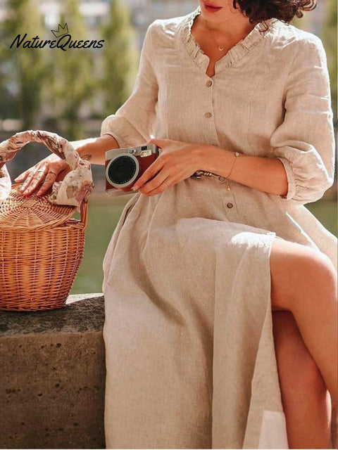 Women's Cotton and Linen Ruffle Collar A-Line Button Dress