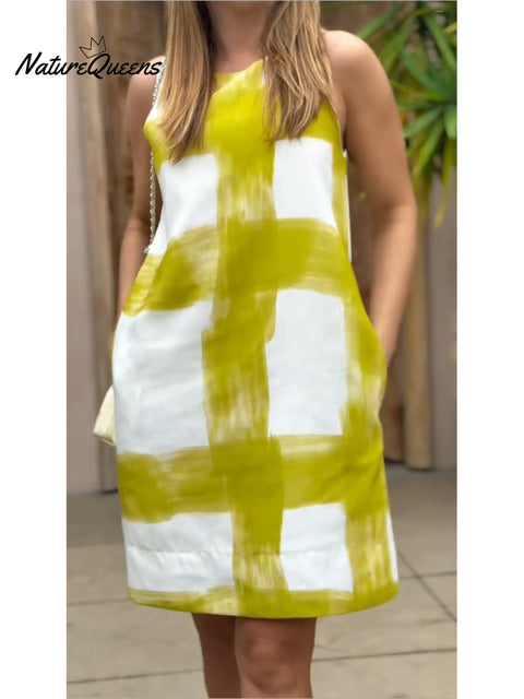 Women's Brushstroke Print Cotton and Linen Sleeveless Dress