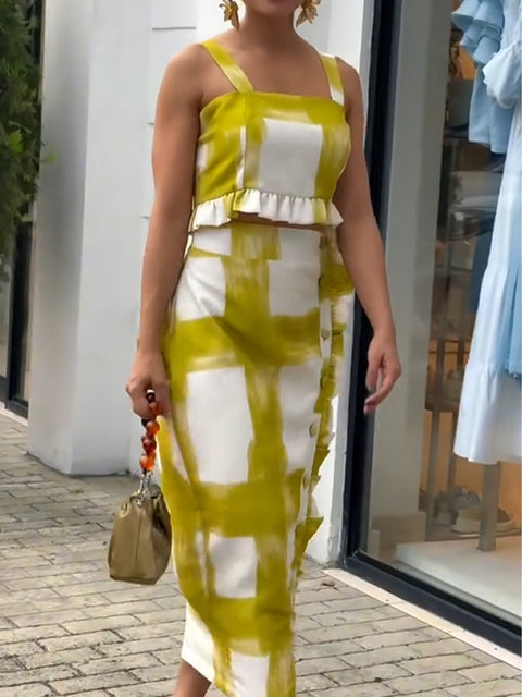 Women's Brushstroke Print Sleeveless Top and Ruffled Skirt Two-Piece Set