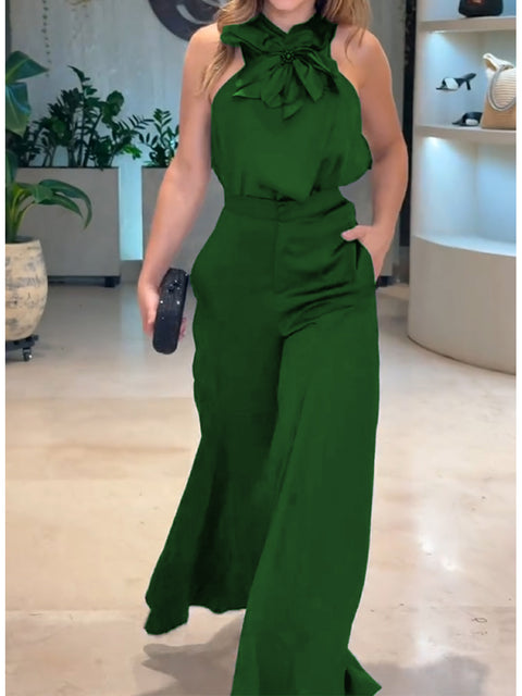 Women's Hand-embellished Floral Sleeveless Cross-over Top and Wide-leg Pants Two-piece Set
