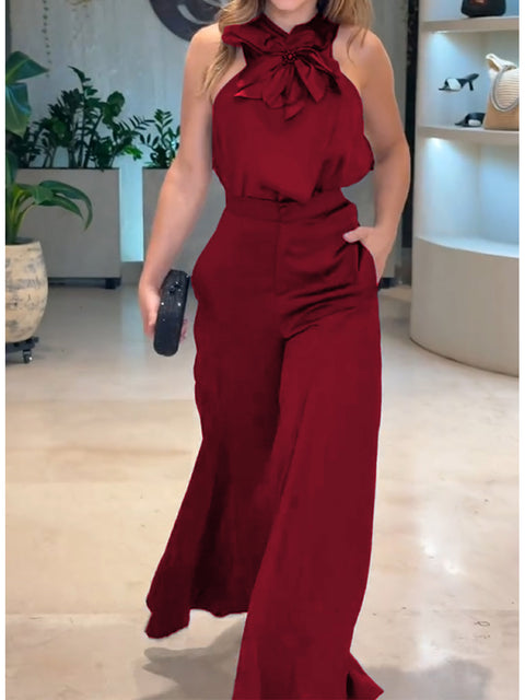 Women's Hand-embellished Floral Sleeveless Cross-over Top and Wide-leg Pants Two-piece Set