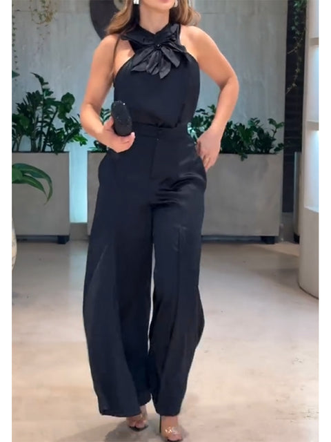 Women's Hand-embellished Floral Sleeveless Cross-over Top and Wide-leg Pants Two-piece Set