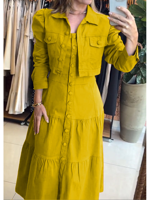 Women's 100% Cotton Cropped Puff-sleeved Jacket and Slip Dress Two-piece Set