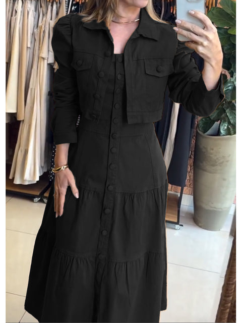 Women's 100% Cotton Cropped Puff-sleeved Jacket and Slip Dress Two-piece Set