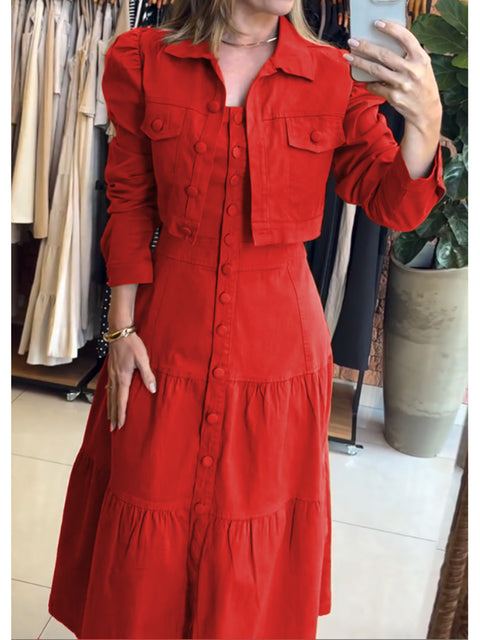 Women's 100% Cotton Cropped Puff-sleeved Jacket and Slip Dress Two-piece Set
