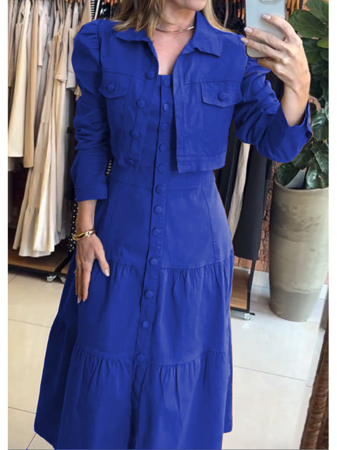 Women's 100% Cotton Cropped Puff-sleeved Jacket and Slip Dress Two-piece Set