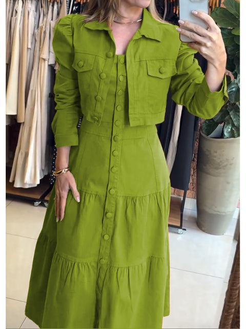 Women's 100% Cotton Cropped Puff-sleeved Jacket and Slip Dress Two-piece Set