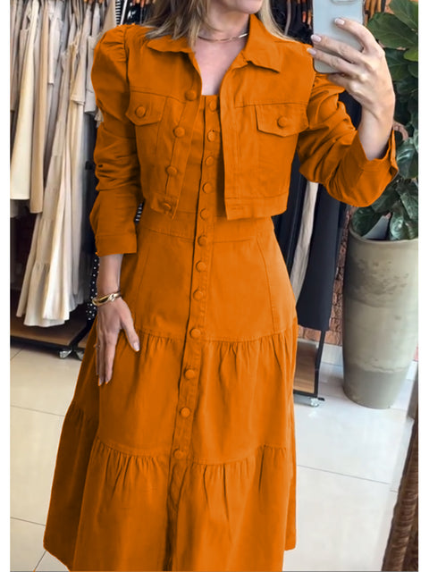 Women's 100% Cotton Cropped Puff-sleeved Jacket and Slip Dress Two-piece Set
