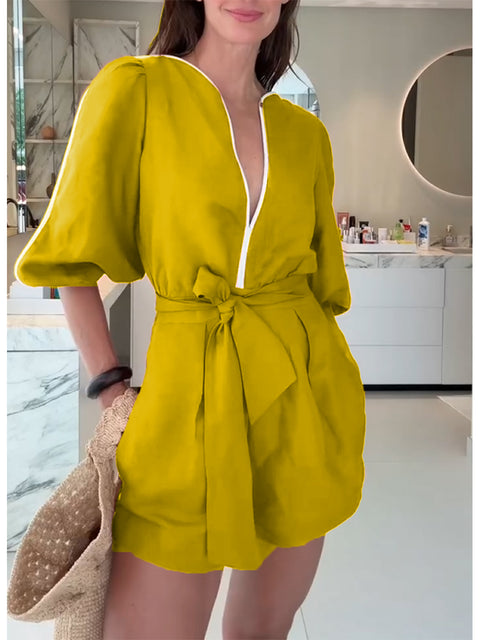 Women's Cotton and Linen Jumpsuit with Contrasting Trim