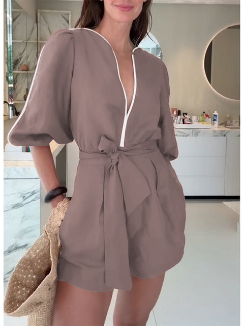 Women's Cotton and Linen Jumpsuit with Contrasting Trim