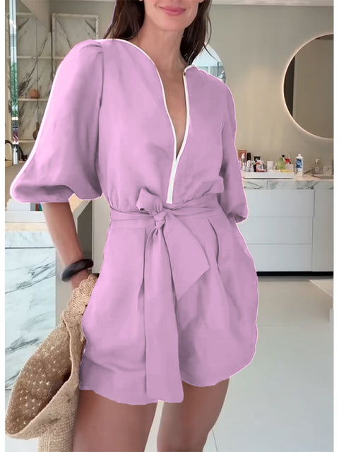 Women's Cotton and Linen Jumpsuit with Contrasting Trim
