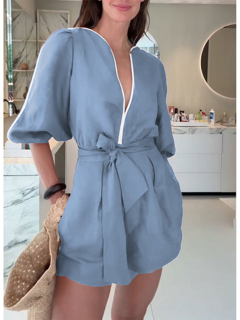 Women's Cotton and Linen Jumpsuit with Contrasting Trim