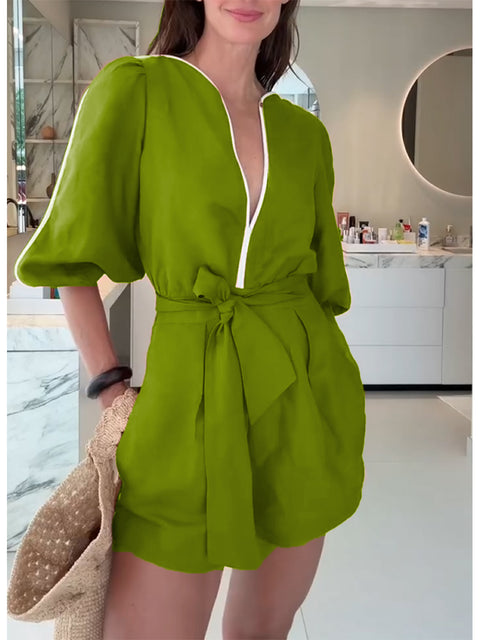 Women's Cotton and Linen Jumpsuit with Contrasting Trim
