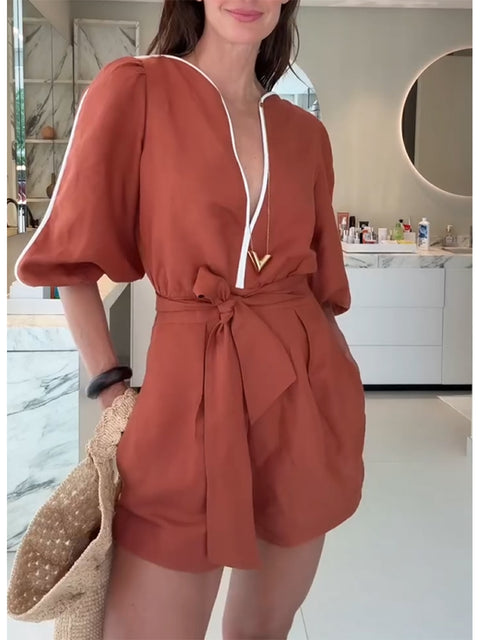 Women's Cotton and Linen Jumpsuit with Contrasting Trim