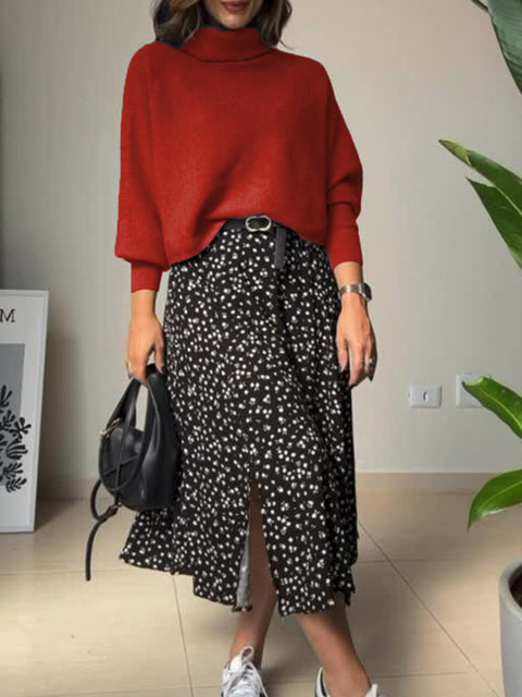 Women's Turtleneck Wool Pullover Sweater and Floral-print Cotton and Linen Sleeveless Dress
