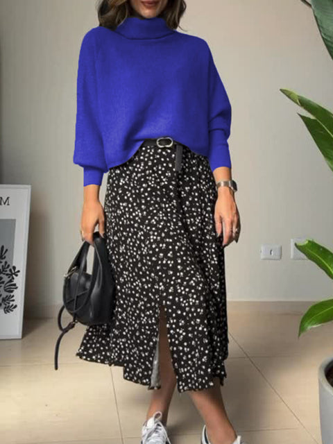 Women's Turtleneck Wool Pullover Sweater and Floral-print Cotton and Linen Sleeveless Dress