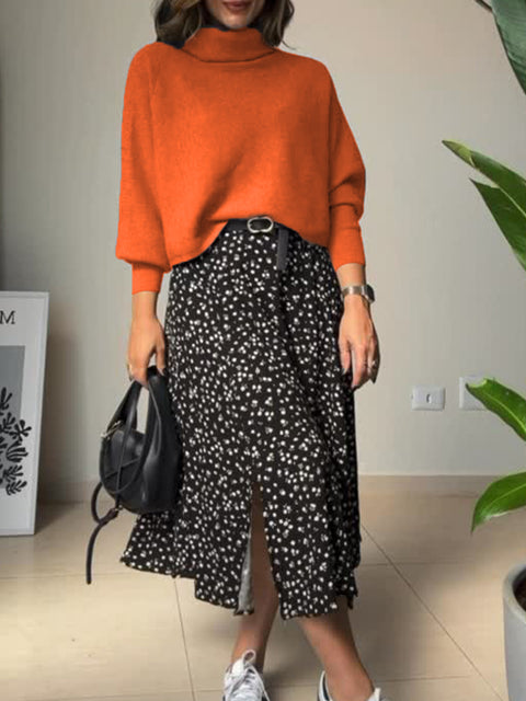 Women's Turtleneck Wool Pullover Sweater and Floral-print Cotton and Linen Sleeveless Dress