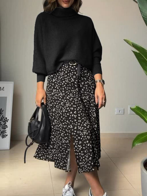 Women's Turtleneck Wool Pullover Sweater and Floral-print Cotton and Linen Sleeveless Dress