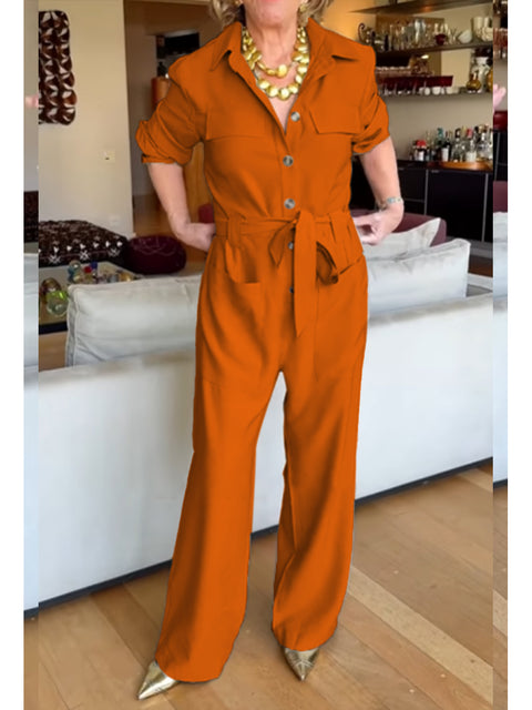 Women's Casual Cotton Long Sleeve Pocket Jumpsuit