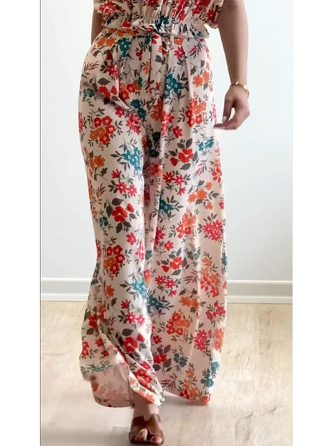 Women's Printed Cotton and Linen Top and Pants Two-piece Set