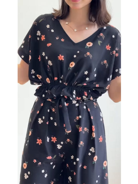 Women's Printed Cotton and Linen Top and Pants Two-piece Set