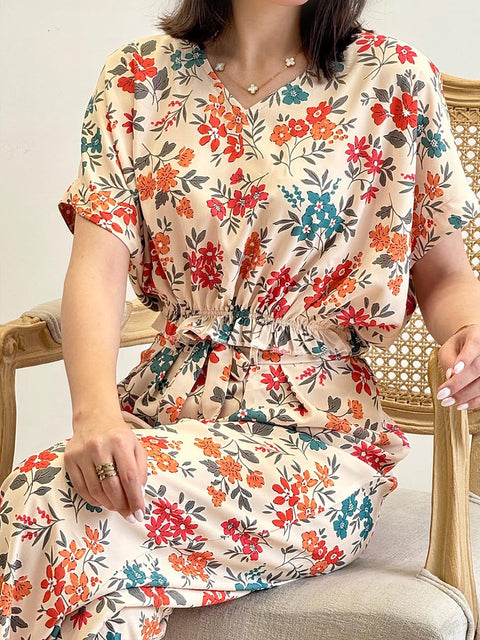 Women's Printed Cotton and Linen Top and Pants Two-piece Set