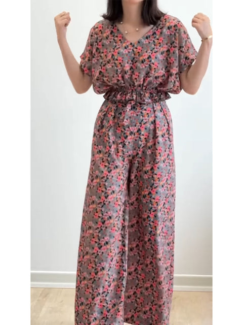 Women's Printed Cotton and Linen Top and Pants Two-piece Set