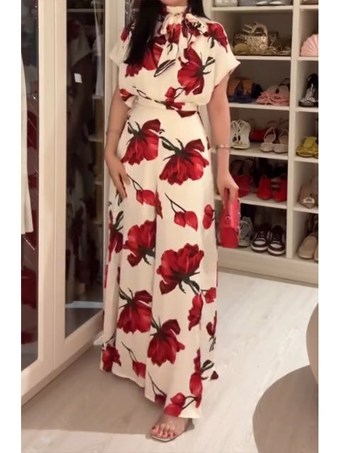 Women's Red Floral Print Bow Top and Culottes Two-piece Set
