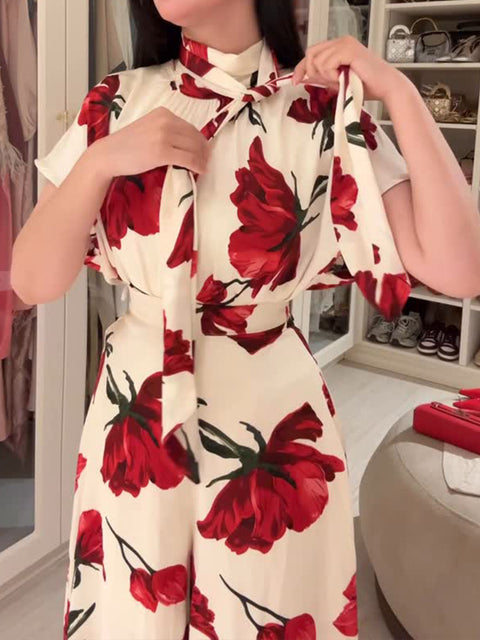 Women's Red Floral Print Bow Top and Culottes Two-piece Set