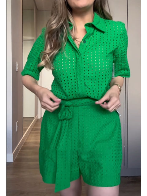 Women's 100% Cotton Short-sleeved Shirt and Shorts Two-piece Set