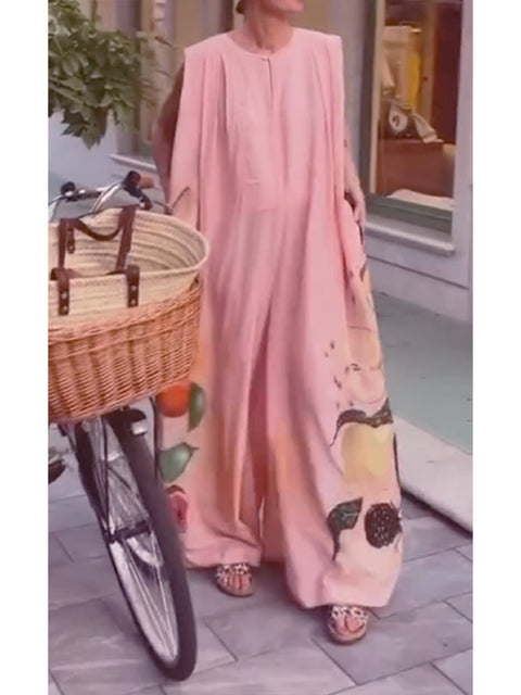 Women's Cotton and Linen Fruit Print Maxi Culotte Jumpsuit