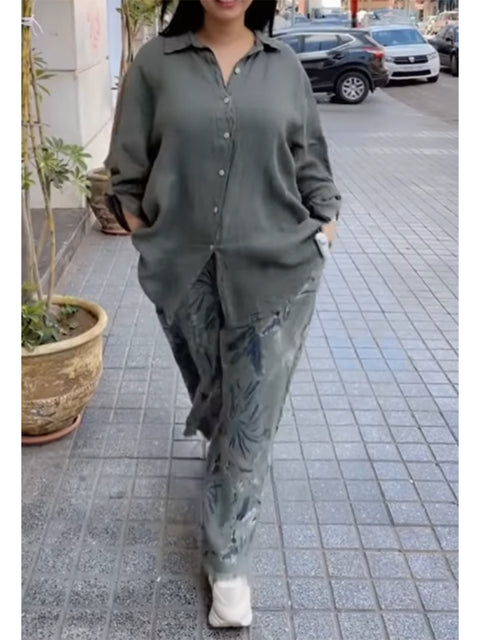 Women's Casual Cotton and Linen Shirt and Floral Print Pants Two-piece Set