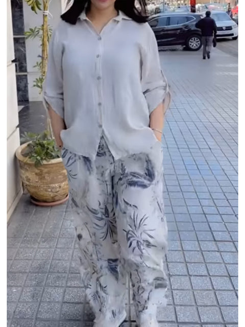 Women's Casual Cotton and Linen Shirt and Floral Print Pants Two-piece Set