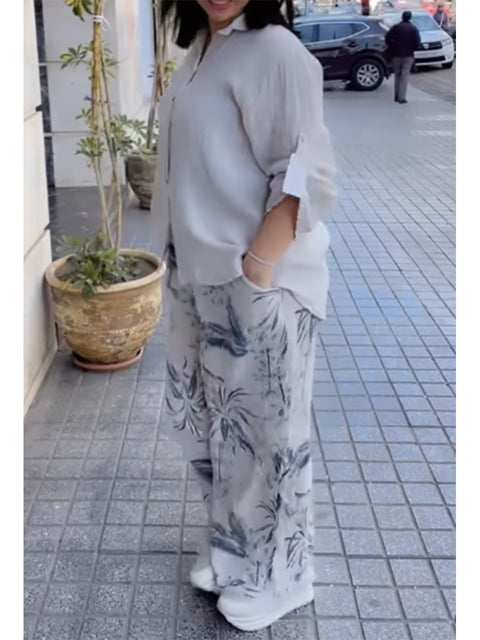 Women's Casual Cotton and Linen Shirt and Floral Print Pants Two-piece Set
