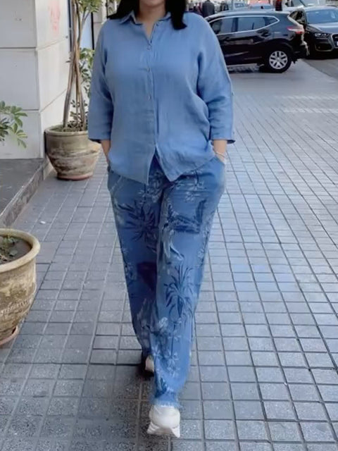 Women's Casual Cotton and Linen Shirt and Floral Print Pants Two-piece Set