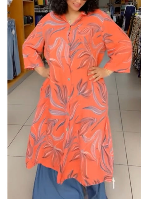 Women's Cotton and Linen Floral Print Shirt Dress