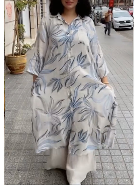 Women's Cotton and Linen Floral Print Shirt Dress