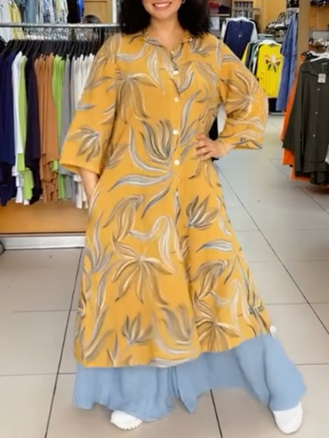 Women's Cotton and Linen Floral Print Shirt Dress