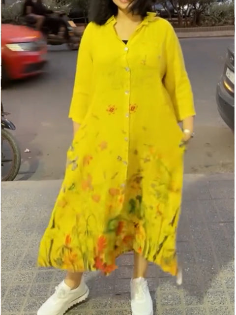 Women's Cotton and Linen Floral Print Shirt Dress