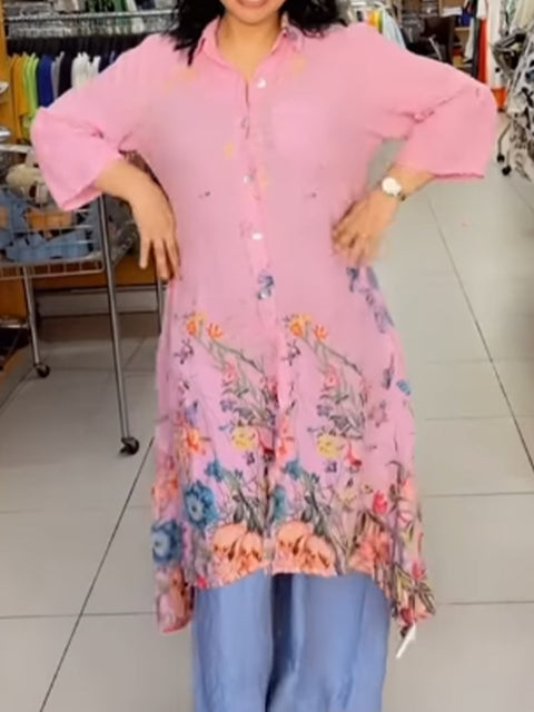 Women's Cotton and Linen Floral Print Shirt Dress