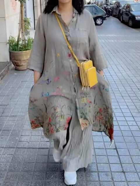 Women's Cotton and Linen Floral Print Shirt Dress