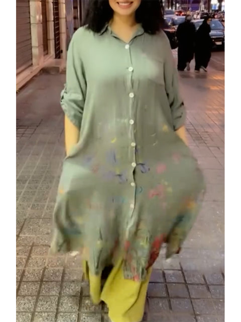 Women's Cotton and Linen Floral Print Shirt Dress