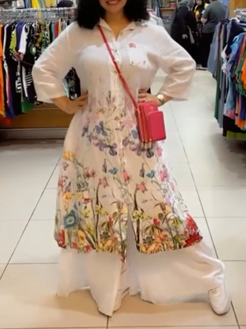 Women's Cotton and Linen Floral Print Shirt Dress