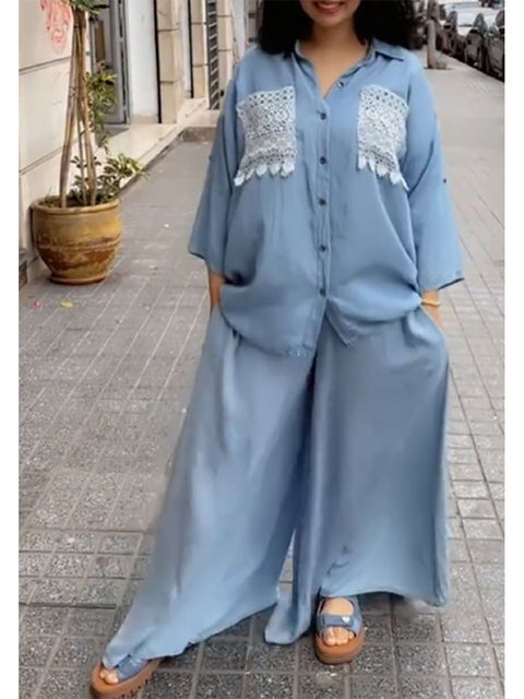 Women's Casual Tencel Cotton Lace Shirt and Wide-Leg Pants Two-Piece Set