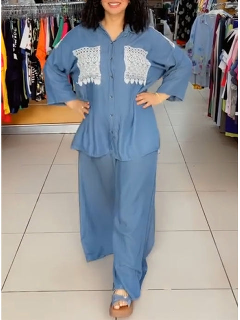 Women's Casual Tencel Cotton Lace Shirt and Wide-Leg Pants Two-Piece Set