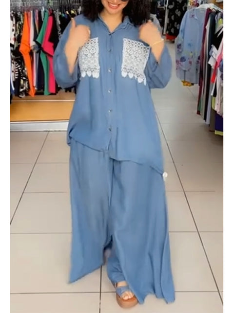 Women's Casual Tencel Cotton Lace Shirt and Wide-Leg Pants Two-Piece Set