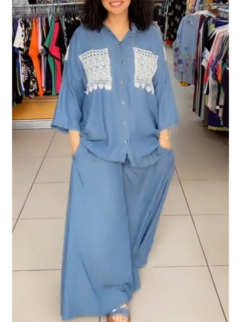 Women's Casual Tencel Cotton Lace Shirt and Wide-Leg Pants Two-Piece Set