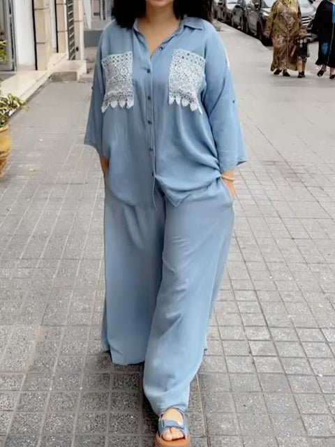 Women's Casual Tencel Cotton Lace Shirt and Wide-Leg Pants Two-Piece Set